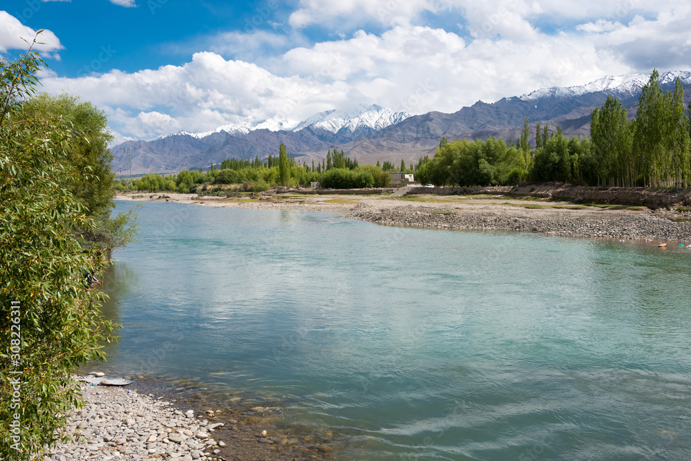 Ladakh, India - Jun 26 2019 - Indus River in Choglamsar, Ladakh, Jammu and Kashmir, India.