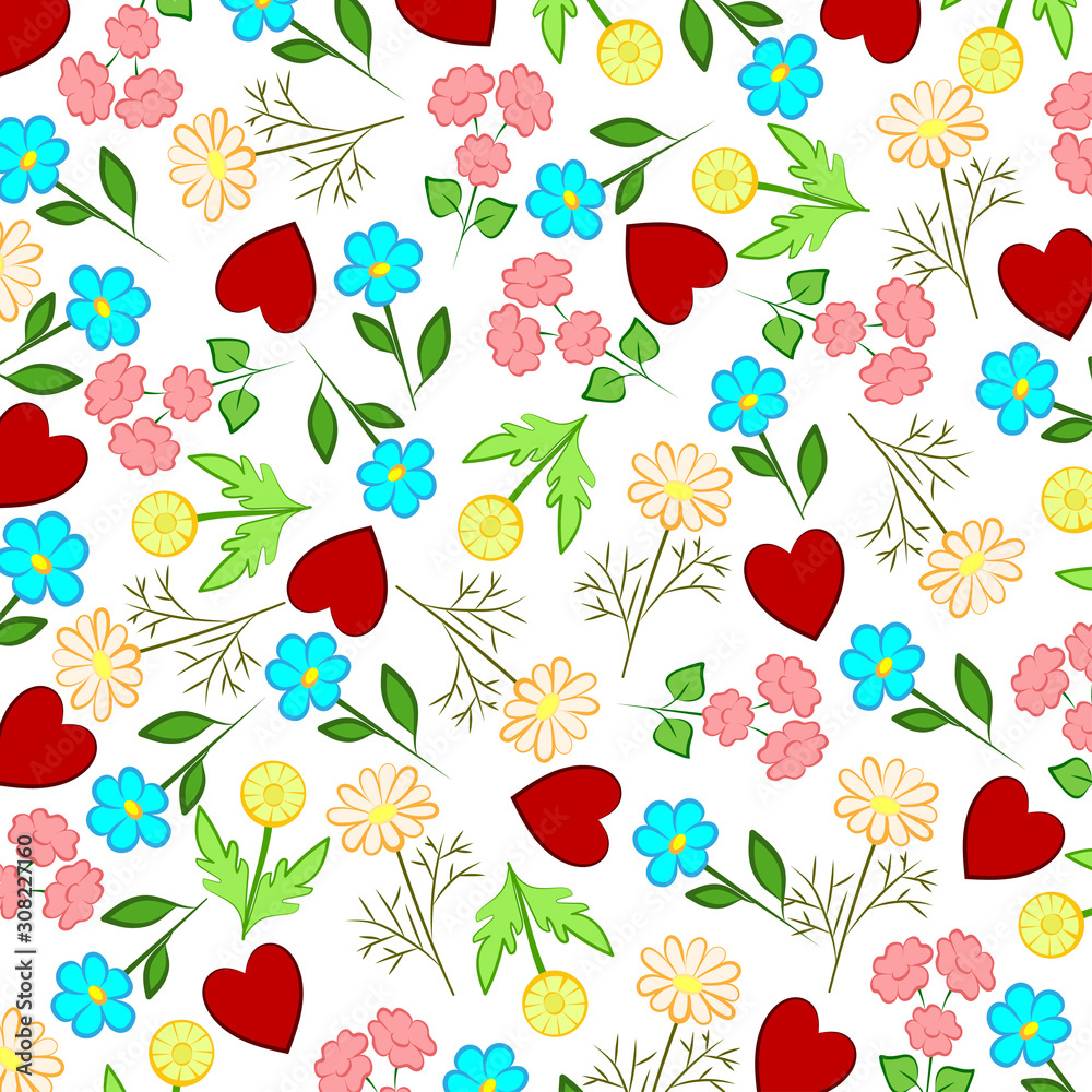  Hearts and wildflowers. Holiday background for Valentine's Day. Red hearts and multi-colored wildflowers. Vector illustration.