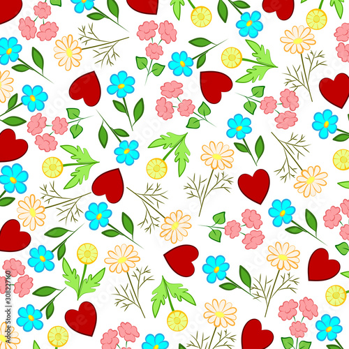 Wallpaper Mural  Hearts and wildflowers. Holiday background for Valentine's Day. Red hearts and multi-colored wildflowers. Vector illustration. Torontodigital.ca