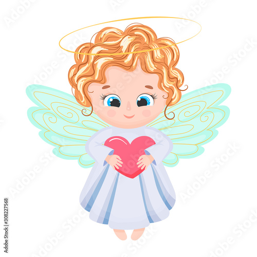 Cute blond baby angel hold heart. Valentine day cupid vector illustration