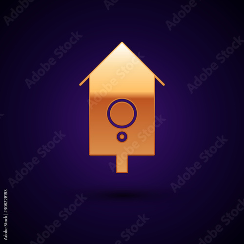 Gold Retro wall watch icon isolated on dark blue background. Cuckoo clock sign. Antique pendulum clock. Vector Illustration