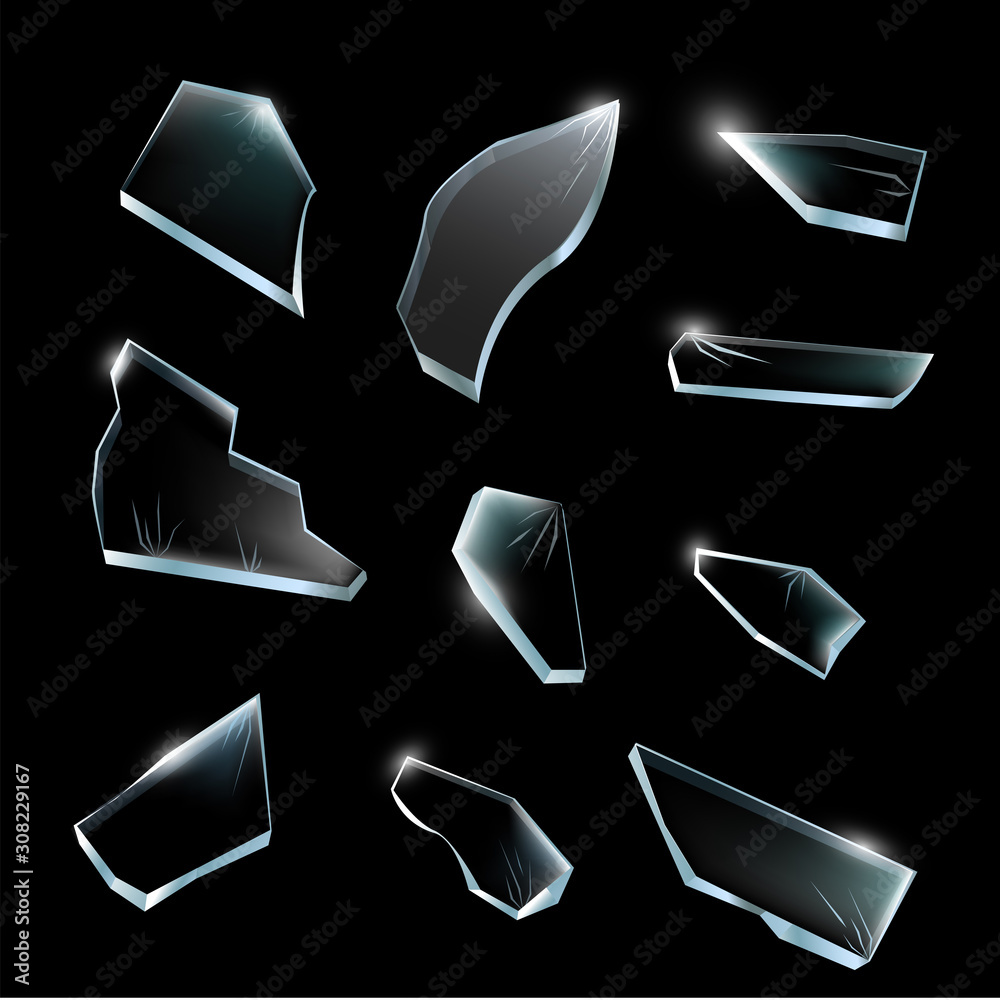 Broken glass pieces. Shattered glass on white background. Vector