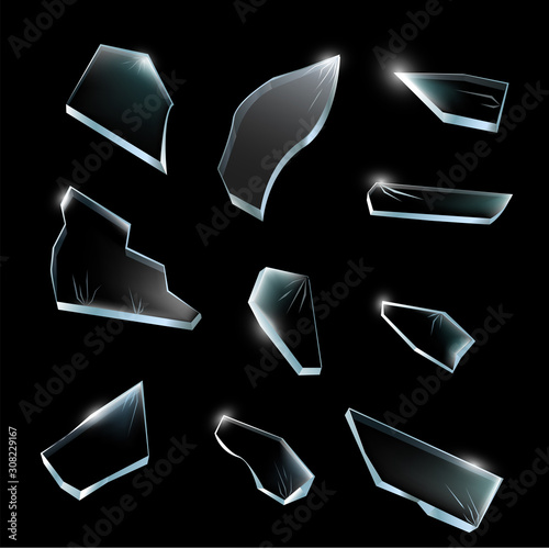 Broken glass pieces. Shattered glass on black background. Vector realistic illustration