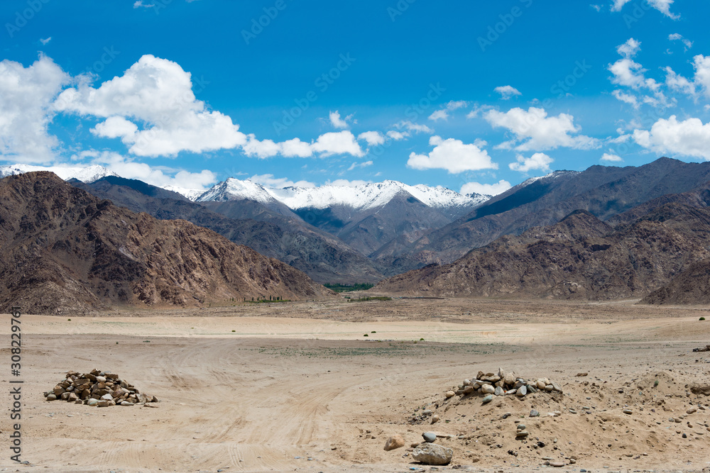 Ladakh, India - Jul 06 2019 - Leh-Manali Highway at Stakna Village in Ladakh, Jammu and Kashmir, India. The Leh-Manali Highway is a 490km long highway in northernmost India connecting Leh and Manali.