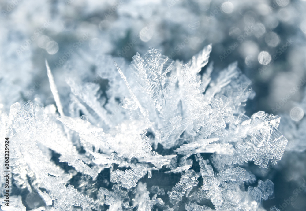 winter background with snowflakes crystals patterns and snow on frozen grass