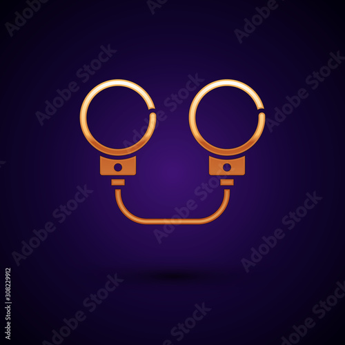 Gold Handcuffs icon isolated on dark blue background. Vector Illustration