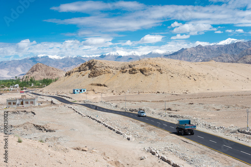 Ladakh, India - Jul 07 2019 - Leh-Manali Highway at Stakna Village in Ladakh, Jammu and Kashmir, India. The Leh-Manali Highway is a 490km long highway in northernmost India connecting Leh and Manali.