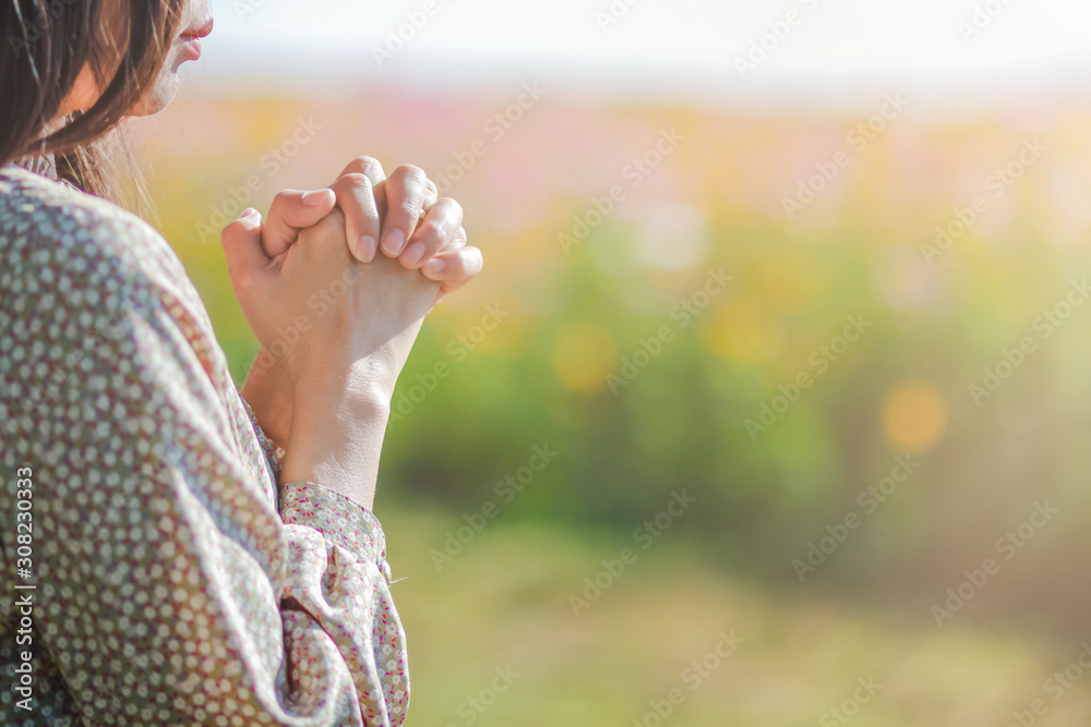 Obraz premium The girl is praying to God with faith and the power of faith in God on the background of the morning sun rising over the fields of colorful cosmos flowers. Concepts and power of faith toward God