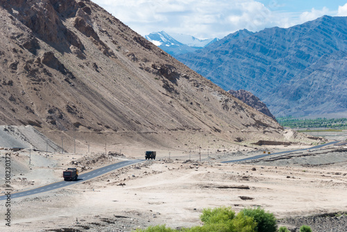 Ladakh, India - Jul 07 2019 - Leh-Manali Highway at Stakna Village in Ladakh, Jammu and Kashmir, India. The Leh-Manali Highway is a 490km long highway in northernmost India connecting Leh and Manali. photo