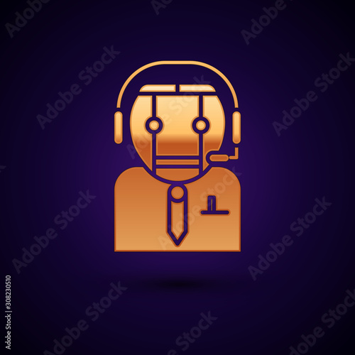 Gold Worker robot icon isolated on dark blue background. Vector Illustration