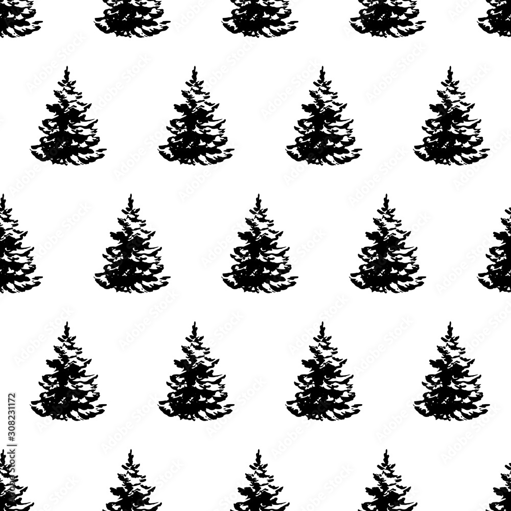 Obraz premium Christmas and New Year seamless pattern with hand drawn Christmas trees isolated on white. Vector illustration