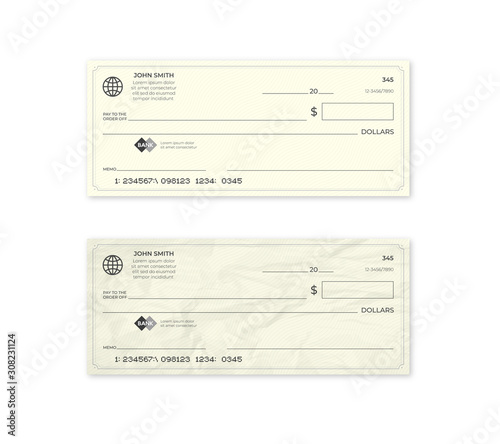 Realistic blank bank check. New and crumpled cheque.