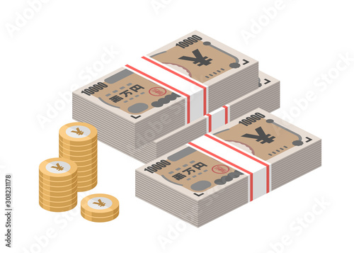 Isometric stacks of 10000 Japanese Yen banknotes and coins. Japan paper money. Ten thousand bills. Big pile of cash. Currency notes. Flat style vector illustration.