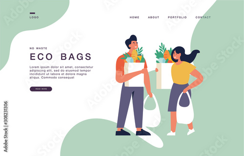 Landing page template for websites with couple of young people carrying eco bags with purchases. CEco grocery shopping concept banner illustration.