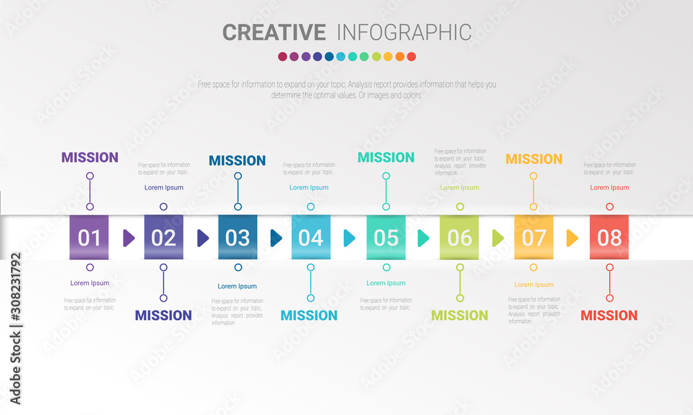 Infographic design template with numbers 8 option for Presentation infographic, Timeline infographics, steps or processes. Vector illustration.