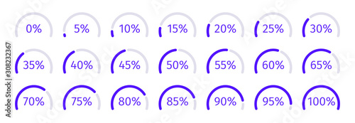 Modern Set of purple semicircle percentage diagrams for infographics, 0 5 10 15 20 25 30 35 40 45 50 55 60 65 70 75 80 85 90 95 100. Vector illustration.