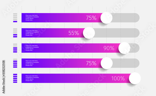 Modern colorful purple and blue gradient 3d chart, graph. Template for horizontal diagram, presentation. 5 Infographics elements. Vector illustration