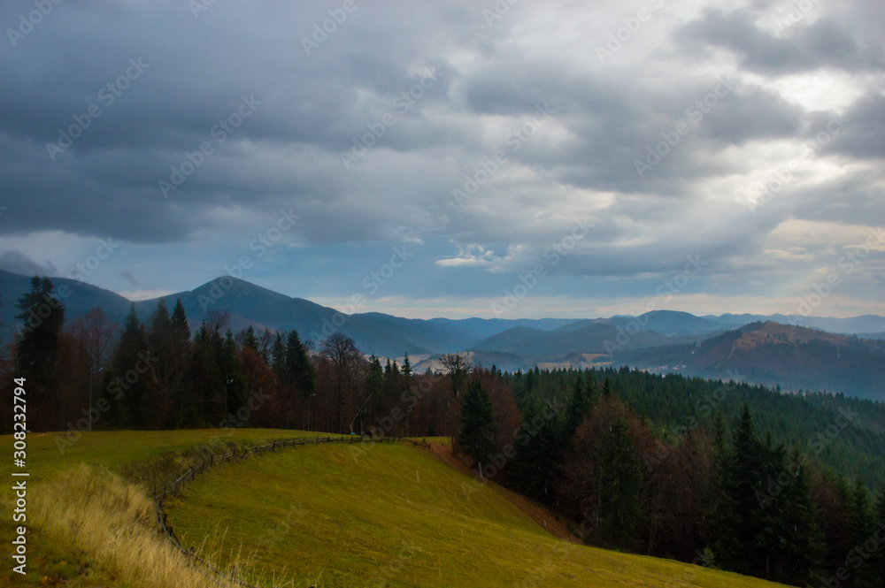 Autumn landscape background in the rain weather with fog Autumn landscape background in the rain weather with fog