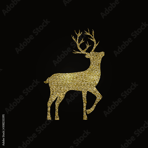 Golden deer on black background. Isolated illustration. Happy new year black background. Winter holiday card. Merry christmas gold deer luxury greeting card design. Design template. Golden decoration.