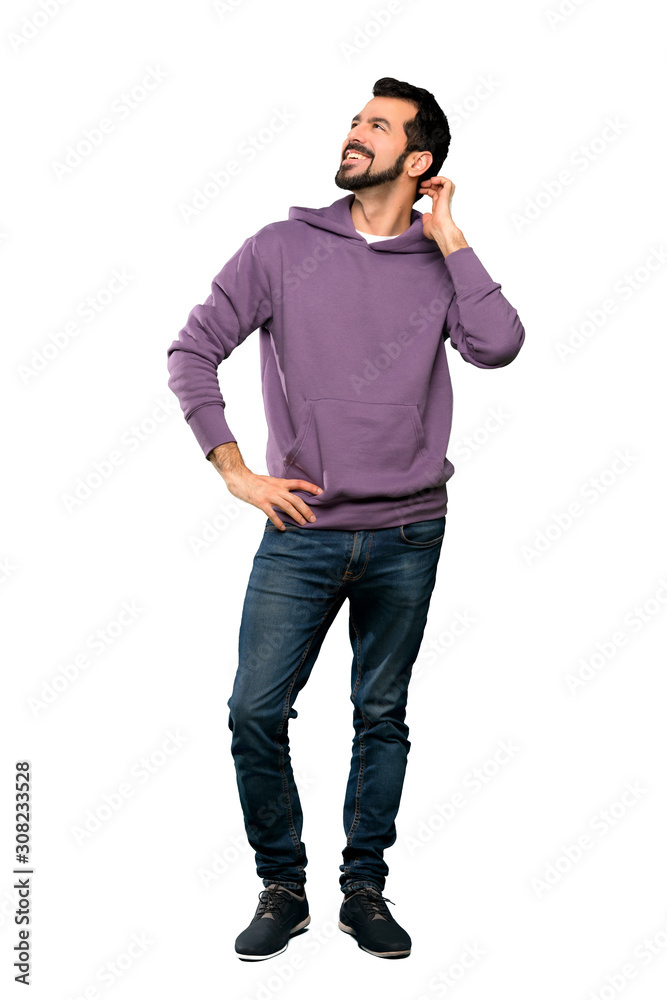 Full-length shot of Handsome man with sweatshirt thinking an idea over isolated white background Full-length shot of Handsome man with sweatshirt thinking an idea over isolated white background