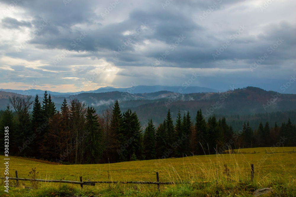 Autumn landscape background in the rain weather with fog Autumn landscape background in the rain weather with fog