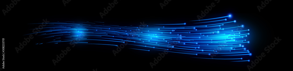 Abstract light flares  background. Bright luminous glowing lines. 3d rendering Dynamic lights shape on dark background. High speed optical fiber concept. 