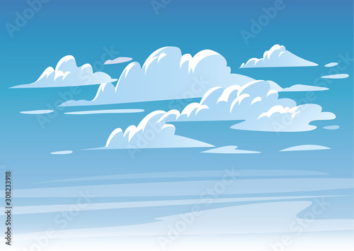 Vector blue sky clouds. Anime clean style. Background design