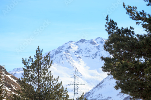 Winter snow forest landscape on mountain Elbrus, ski resort, the Republic of Kabardino-Balkaria, Russia.