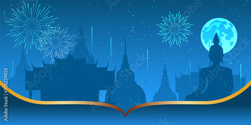 Vector illustration of a festive fireworks display with bokeh over the city temple and Buddha statue background design.