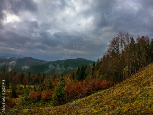 Autumn landscape background in the rain weather with fog