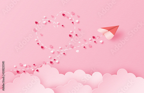Illustration of love with a heart shape paper plane flying in the sky in paper cut style. Digital craft paper art valentines day concept.