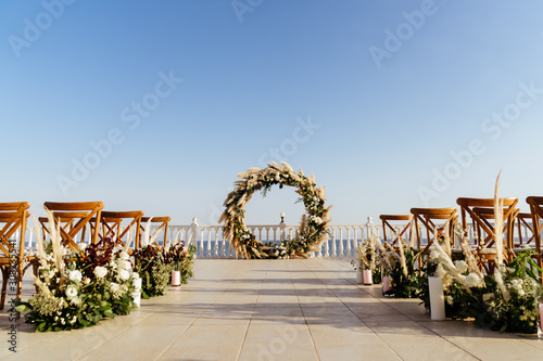 Decorations for the wedding ceremony. Flowers closeup.