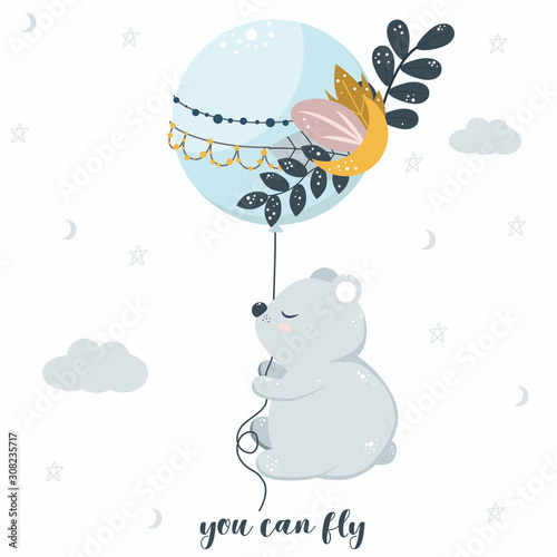 poster with bear and balloon - vector illustration  eps