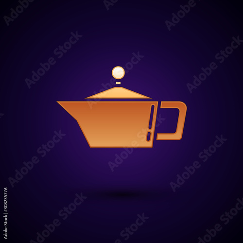 Gold Canister for motor machine oil icon isolated on dark blue background. Oil gallon. Oil change service and repair. Vector Illustration