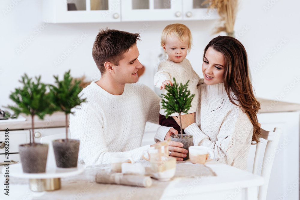 a young family, father, pregnant mother and their little daughter have a fun and playing in the kitchen