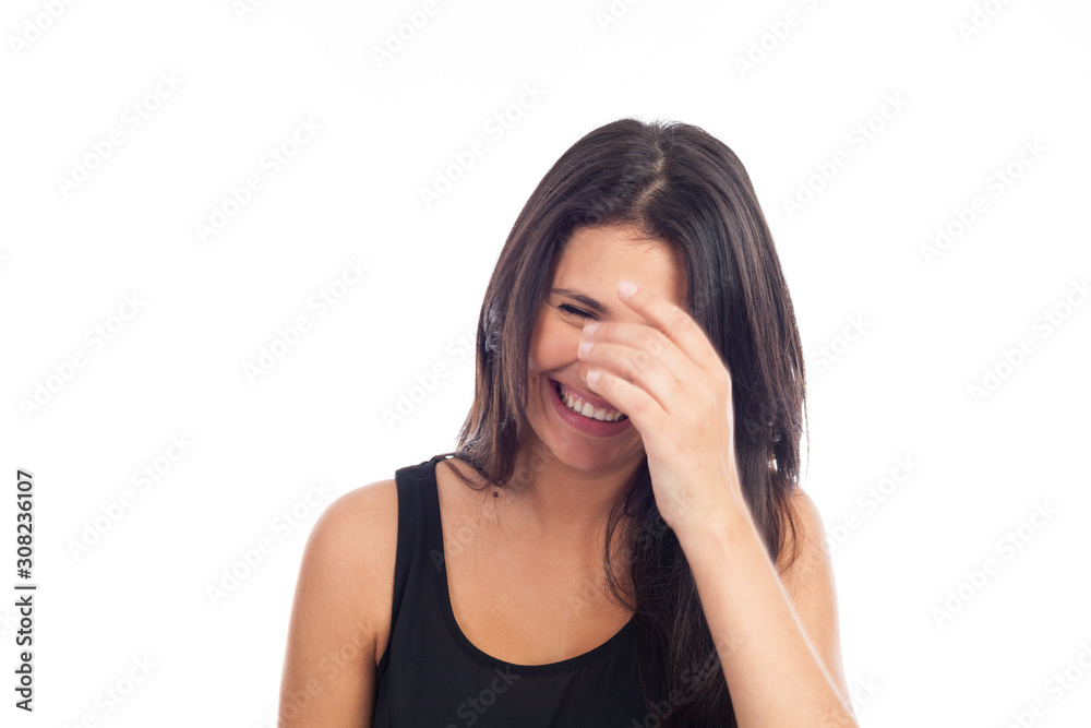 portrait of a happy young brunette woman laughing portrait of a happy young brunette woman laughing