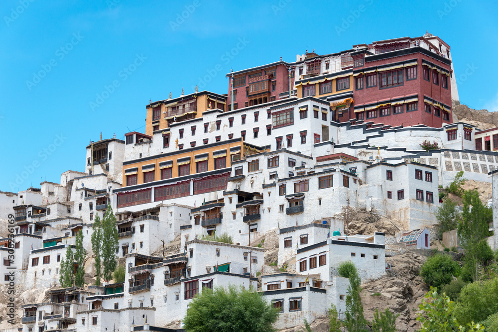 Ladakh, India - Jun 27 2019 - Thikse Monastery (Thikse  Gompa) in Ladakh, Jammu and Kashmir, India. The Monastery was originally built in 15th century and is the largest gompa in central Ladakh.