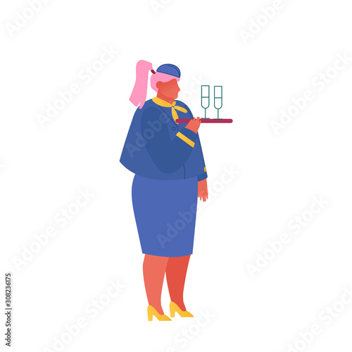Stewardess Wearing Uniform Holding Tray with Drink Glasses Isolated on White Background. Airline Transportation Service, Airplane Crew in Plane Air Hostess in Aircraft Cartoon Flat Vector Illustration