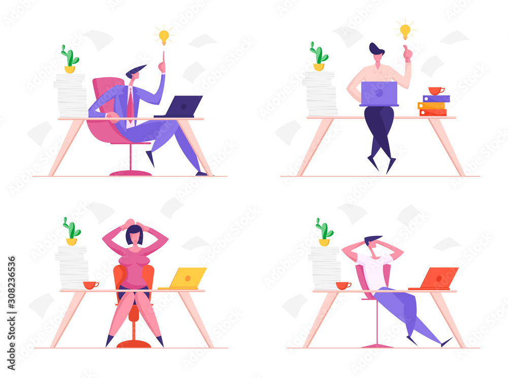 Set of Businessmen and Businesswomen at Work. Business People Characters Office Employees Sitting at Desk Having Creative Ideas, Relaxing and Worry for Lack of Time. Cartoon Flat Vector Illustration