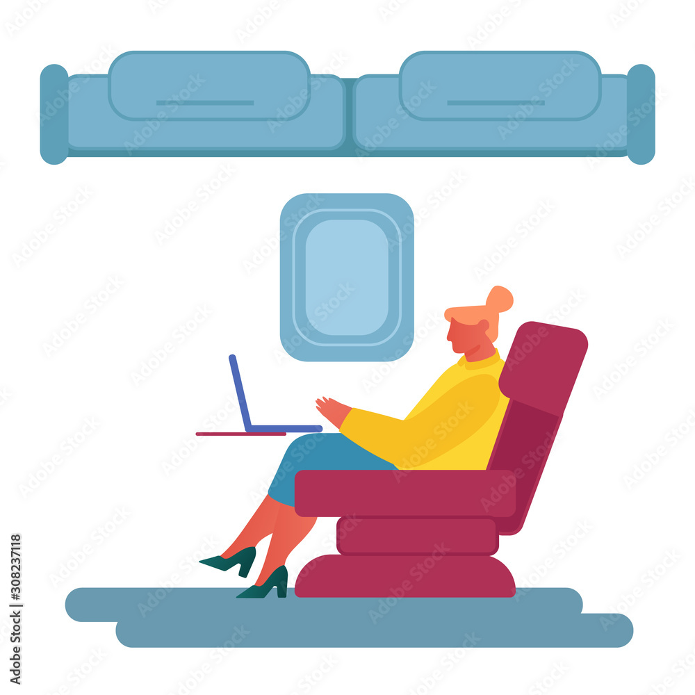 Young Business Woman in Formal Suit Sit in Comfortable Airplane Seat Working on Laptop. Passenger Sitting in Plane Using Airline Transportation Service for Traveling Cartoon Flat Vector Illustration