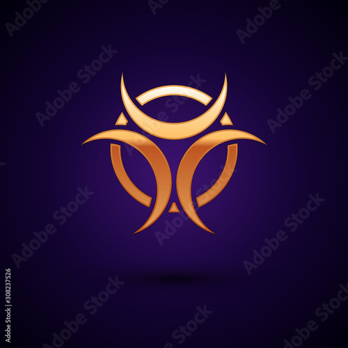 Gold Biohazard symbol icon isolated on dark blue background. Vector Illustration