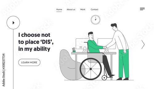 Employment for Disabled People Website Landing Page. Man in Wheelchair Shaking Hand with Partner or Boss in Office, Share Idea and Opinion Web Page Banner. Cartoon Flat Vector Illustration, Line Art