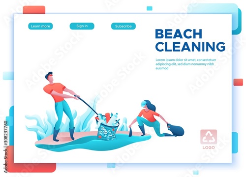 Beach coast cleanup concept, cleaning people with bag, volunteer picking garbage from water, team reduce plastic pollution, flat cartoon vector ecology illustration, landing page template