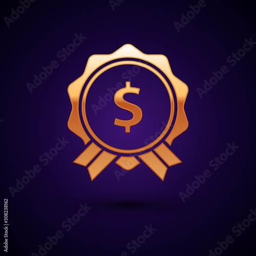 Gold Price tag with dollar icon isolated on dark blue background. Badge for price. Sale with dollar symbol. Promo tag discount. Vector Illustration