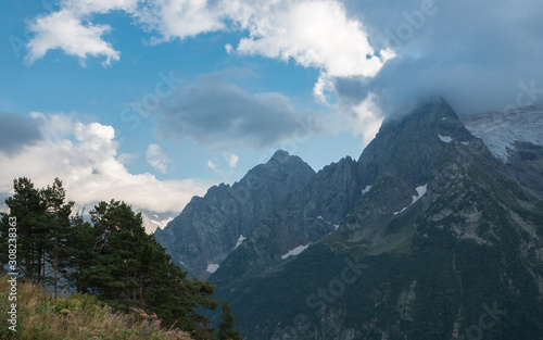 Panorama of mountains and forest scene in national park of Dombay  Russia