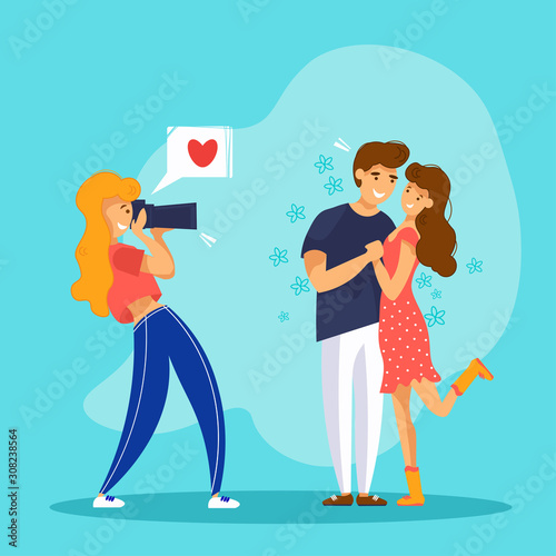 Girl photographer take a picture of a couple in love