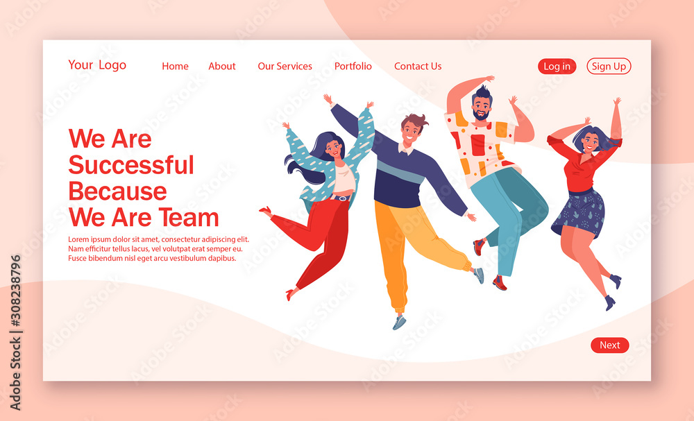 Concept of landing page on successful teamwork theme. Template for website or web page with happy joyful jumping people with raised hands. Happy positive and laughing men and women rejoicing together.