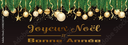 Bannière ou carte de noël et nouvel an - Joyeux noel et bonne année sapin boules dorés – serpentin étoile confettis fond noir