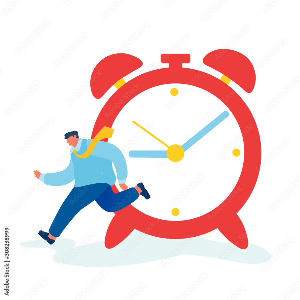 Time as Valuable Life Resource Hurrying Businessman Running Fast near Huge Alarm Clock at Work. Time Management, Planning and Scheduling Work, Deadline. Cartoon Flat Vector Illustration Stock-vektor | Adobe Stock