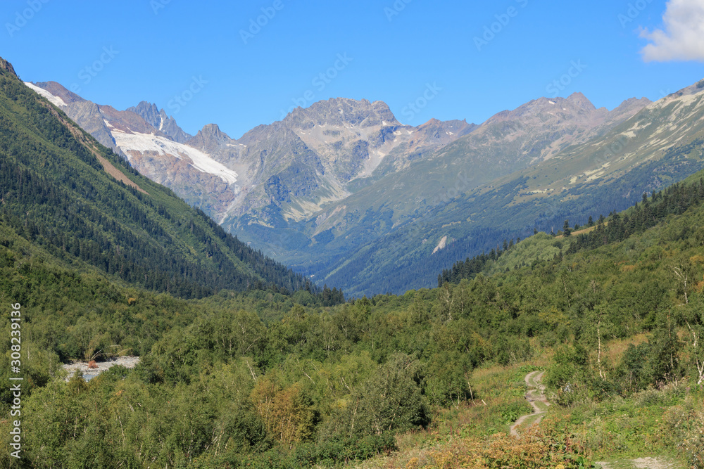 Close up view mountains and river scenes in national park Dombai, Caucasus